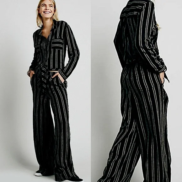 Free People Gray Brown Striped Sensual Wrapped Jumpsuit - Picture 2 of 9